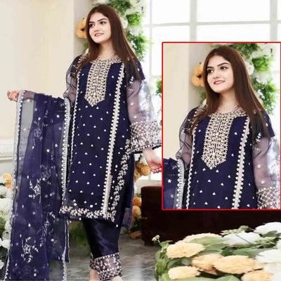 3 Piece Embroidered Unstitched Suit - Blue - Varsa.pk
