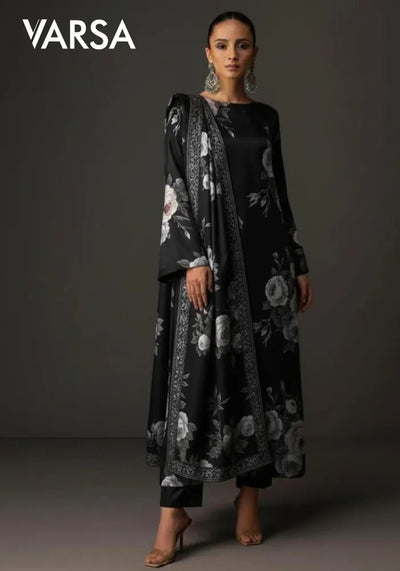 Floral Printed Silk 3 Pc Unstitched - Black - Varsa.pk