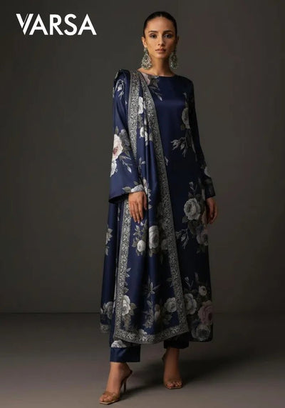 Floral Printed Silk 3 Pc Unstitched - blue - Varsa.pk