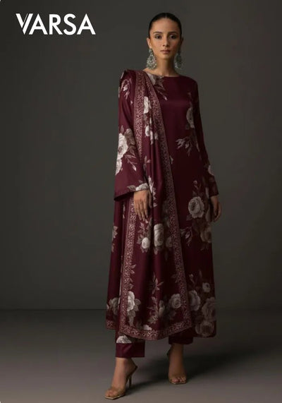 Floral Printed Silk 3 Pc Unstitched - Maroon - Varsa.pk