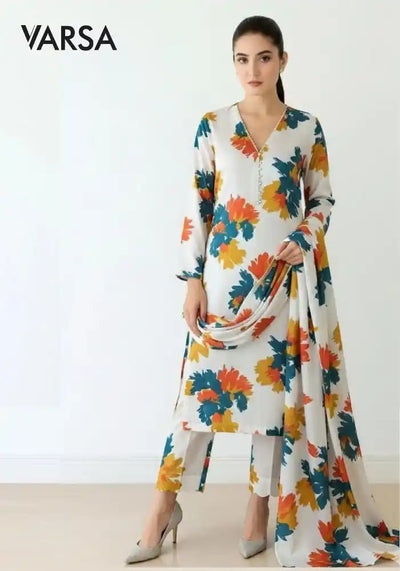 Floral Printed Silk 3 Pc Unstitched - white - Varsa.pk