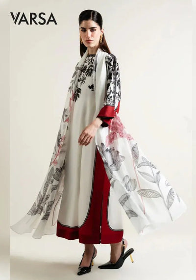 Floral Red Printed Silk 3 Pc Unstitched - White - Varsa.pk