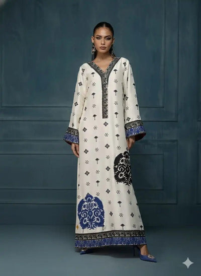 Printed Silk 3 Pc Unstitched - Blue n White - Varsa.pk