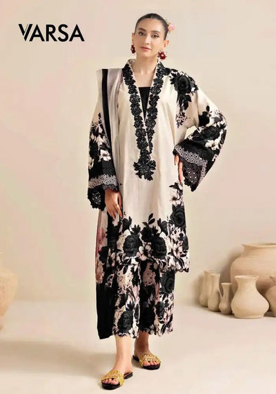 Printed Silk 3 Pc Unstitched - floral Black - Varsa.pk