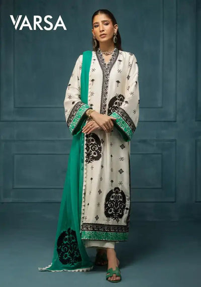 Printed Silk 3 Pc Unstitched - Green n White - Varsa.pk