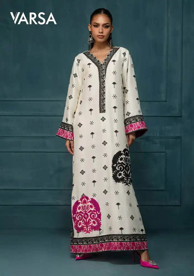 Printed Silk 3 Pc Unstitched - Magenta n White - Varsa.pk