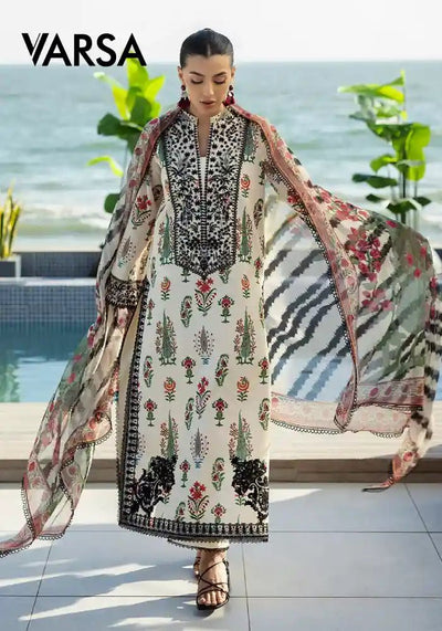 Printed Silk 3 Pc Unstitched - White - Varsa.pk
